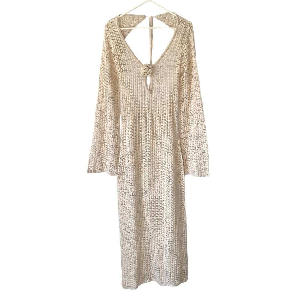 Cream Crochet Long Sheer Swimsuit Brach Coverup Dress size medium